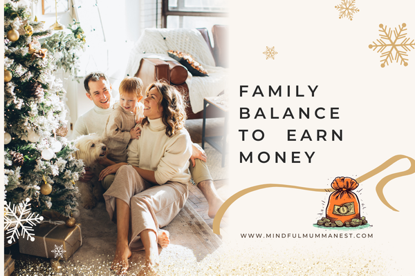 Happy family sitting near a decorated Christmas tree with a child and dog, symbolizing family balance while building income from home.
