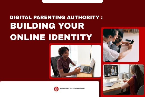 Digital parenting authority concept showing parents and teens using laptops and smartphones to build online identity and earn money