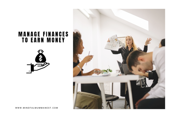 Office scene with a woman discussing financial documents while colleagues look stressed, representing money management and workplace pressure.
