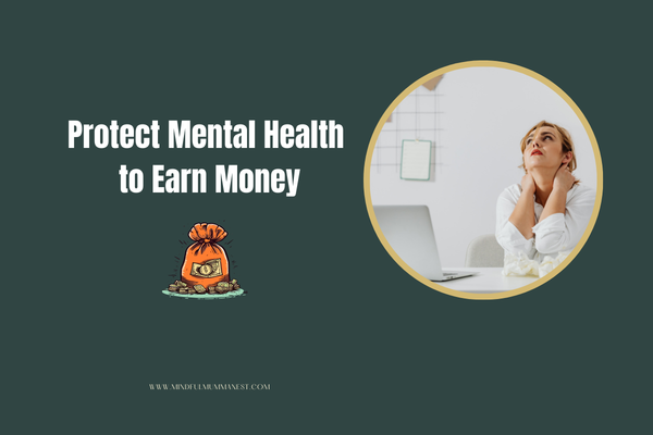 Woman sitting at a desk looking stressed beside a laptop, highlighting the need to protect mental health while earning money.
