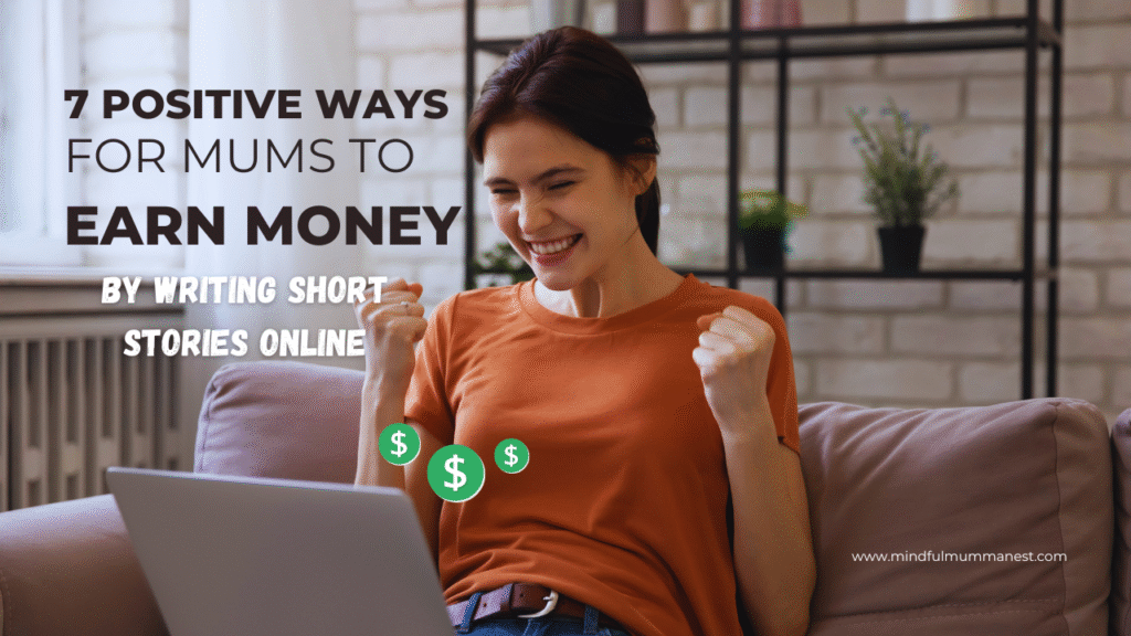 Mum celebrating success while writing short stories online to earn money from home