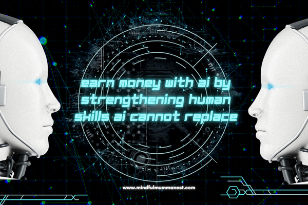 Illustration showing AI technology and human thinking representing how people can earn money by strengthening human skills AI cannot replace.
