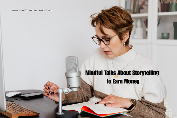 Woman recording mindful storytelling content with a microphone to teach how to earn money online from home
