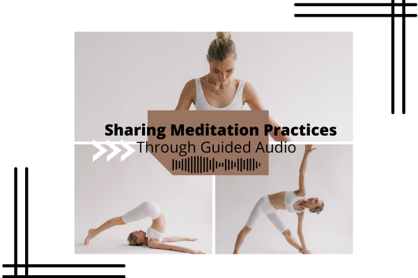 Yoga practitioner demonstrating meditation and yoga poses representing sharing meditation practices through guided audio
