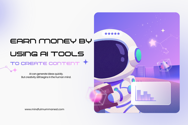 Illustration of a robot using AI tools to create digital content representing ways to earn money with AI technology.
