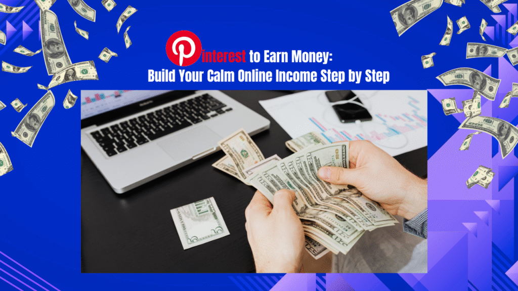 Pinterest earn money concept showing online income growth with laptop and cash for beginners