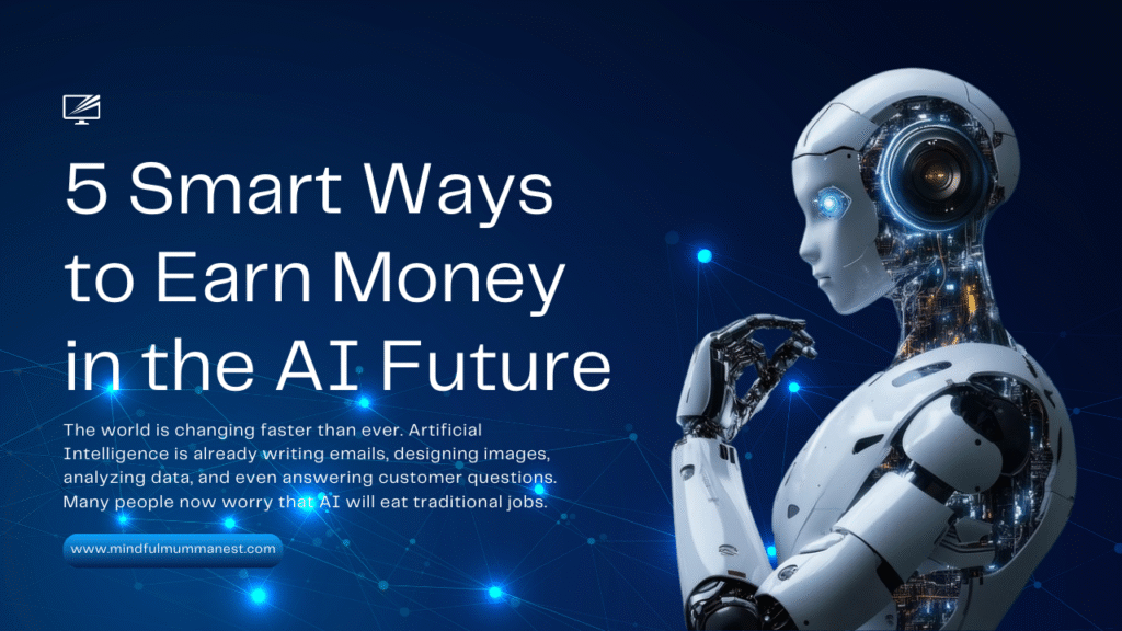 AI robot illustration representing future digital skills and ways to earn money using artificial intelligence.