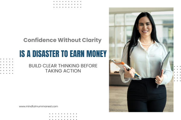 Confidence without clarity is a disaster to earn money concept with woman holding files and smiling confidently

