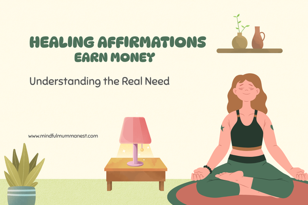 Illustration of woman practicing healing affirmations to earn money with calm mindset at home
