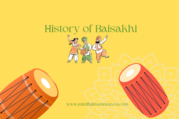 History of Baisakhi illustration with Punjabi dancers, traditional dhol drums, and cultural celebration elements