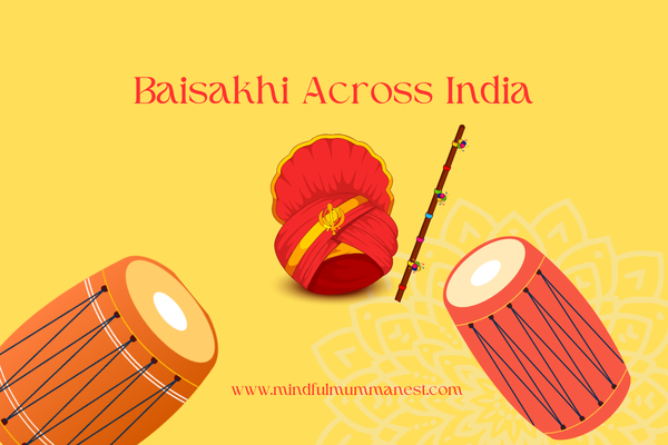 Baisakhi across India illustration with traditional dhol drums, Punjabi turban, and cultural festival elements