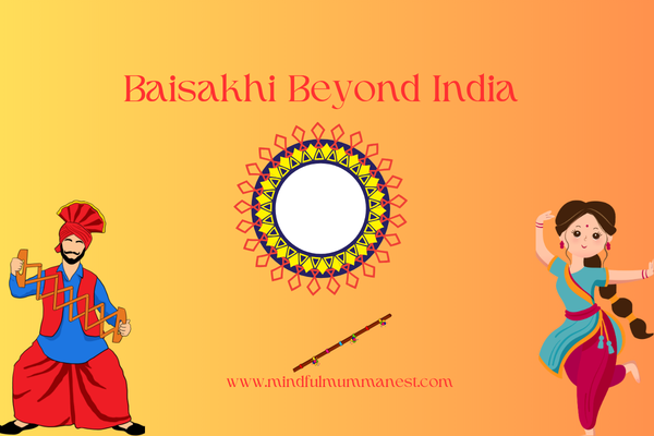 Baisakhi celebrations beyond India illustration with Punjabi dancers, festive patterns, and global cultural elements