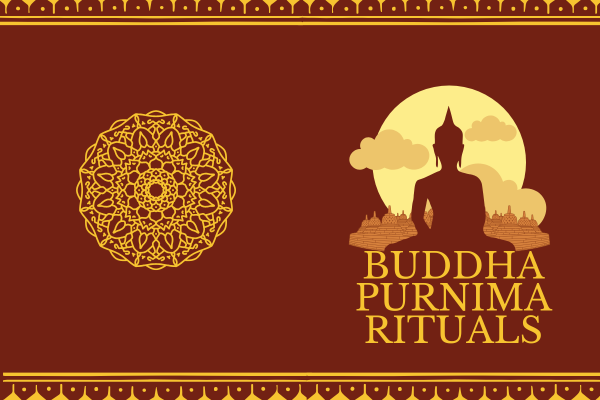 Buddha Purnima rituals illustration with Buddha silhouette and spiritual symbols

