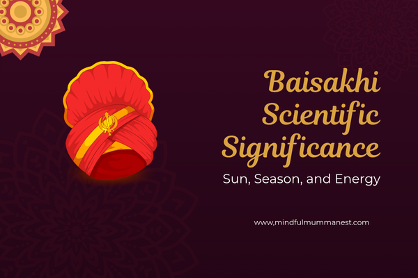 Baisakhi scientific significance illustration showing sun energy, seasonal change, and Punjabi cultural symbol