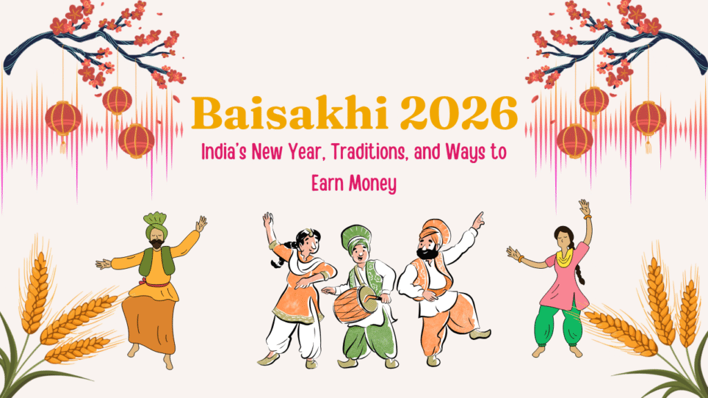 Baisakhi 2026 celebration illustration with Punjabi folk dance, harvest crops, and ways to earn money during Indian New Year