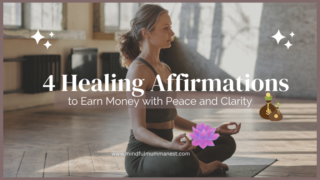 Woman meditating with healing affirmations to earn money with peace and clarity at home