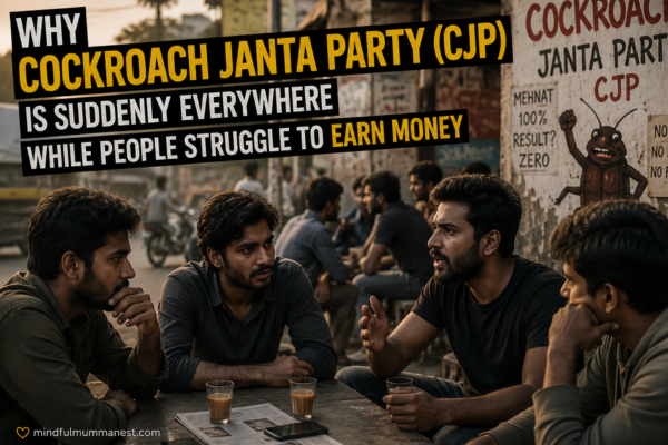 Young Indian men discussing Cockroach Janta Party (CJP), unemployment, youth frustration and earn money pressure during tea-time conversations.