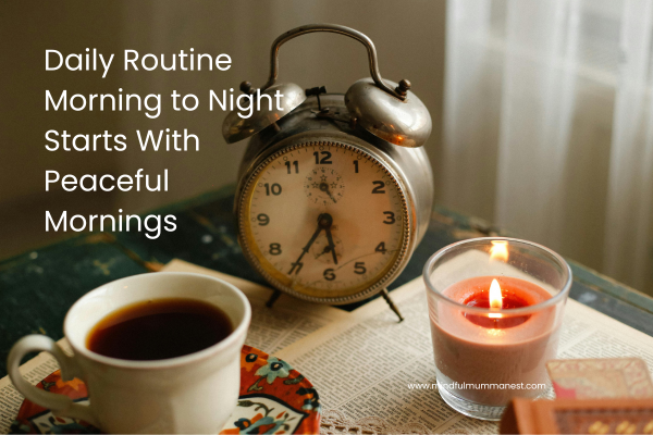 Peaceful morning setup with coffee, candle, and alarm clock representing a mindful daily routine morning to night for calmness and productivity.
