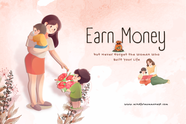 Illustration of a mother with children representing earn money motivation, motherhood sacrifices, gratitude, emotional bonding, family love, and respect for mothers.
