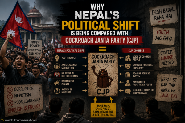 Youth protest scene comparing Nepal’s political shift with Cockroach Janta Party (CJP), showing public frustration, corruption anger and demand for change.