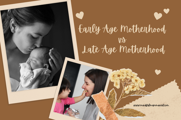 Illustration showing early age motherhood and late age motherhood representing parenting journeys, motherhood experiences, emotional bonding, and family love.