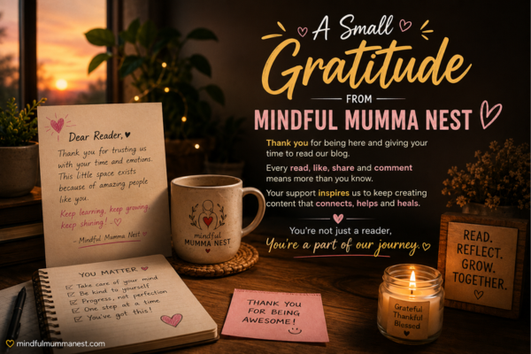 Warm gratitude-themed workspace from Mindful Mumma Nest with calming lights, journal, candle and heartfelt thank you message for readers.