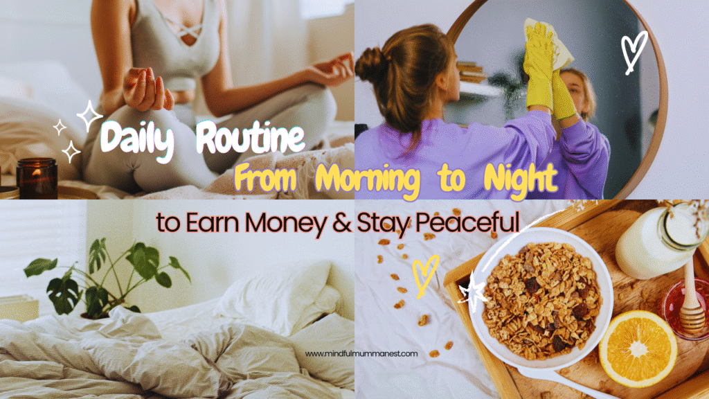 Woman following a peaceful daily routine morning to night with meditation, homemaking, healthy habits, and mindful living to earn money and stay peaceful.