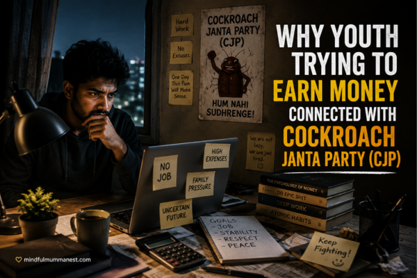 Young Indian man sitting late at night with financial stress, family pressure and Cockroach Janta Party (CJP) posters while thinking about future and stability.