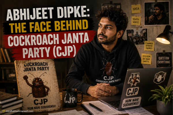 Young Indian content creator inspired by Cockroach Janta Party (CJP) sitting in a creative workspace surrounded by youth frustration, meme culture and political discussions.