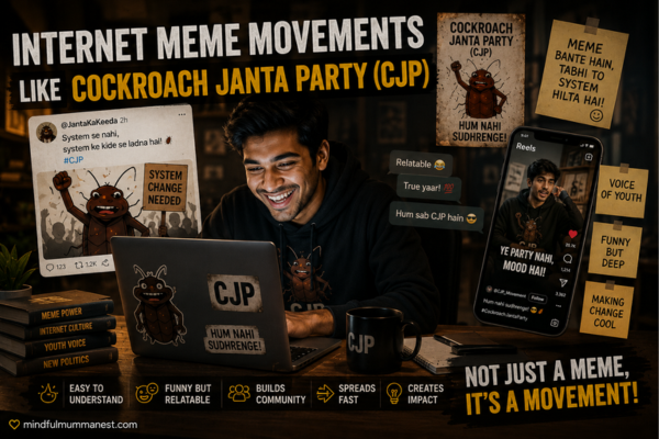 Young Indian content creator smiling while engaging with Cockroach Janta Party (CJP) memes, viral reels and internet-driven youth discussions.