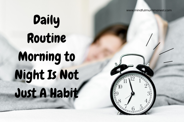 Peaceful morning scene with alarm clock and sleeping woman representing a mindful daily routine morning to night for productivity, peace, and self-growth.
