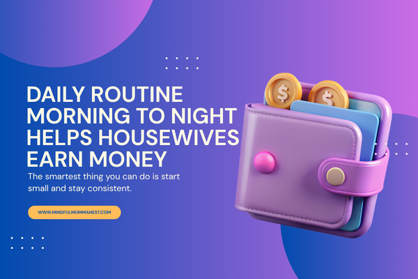 Wallet illustration representing housewives earning money from home through a peaceful daily routine morning to night and smart online skills.
