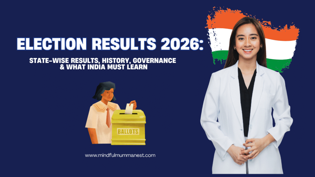 Election Results 2026 feature image showing state-wise results, governance changes, and India growth insights
