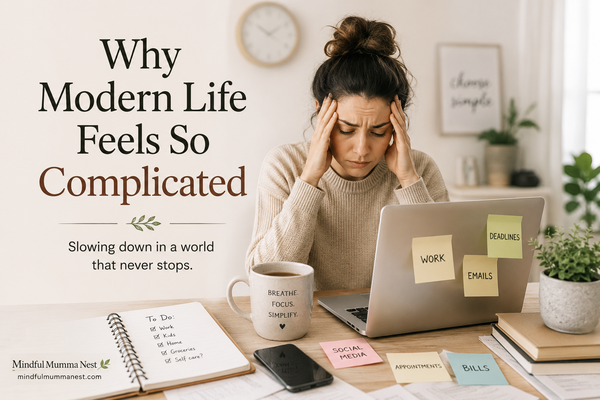 Stressed woman sitting at a desk with a laptop and notes, representing the pressures of modern life.
