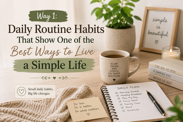 Notebook, tea, and daily planner representing simple daily habits and routines for living a simple and peaceful life.
