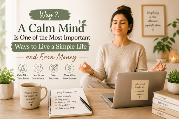 Woman meditating beside a laptop and notebook, representing a calm mind, simple living, mindfulness, and earning money with focus and clarity.
