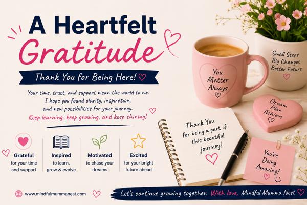 A Heartfelt Gratitude image expressing appreciation, learning, personal growth, and support for readers building a brighter future.
