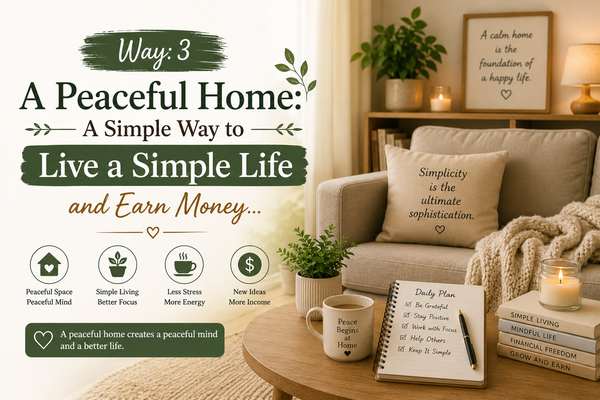 Cozy living room with plants, a notebook, and a cup of tea representing a peaceful home, simple living, and mindful habits.
