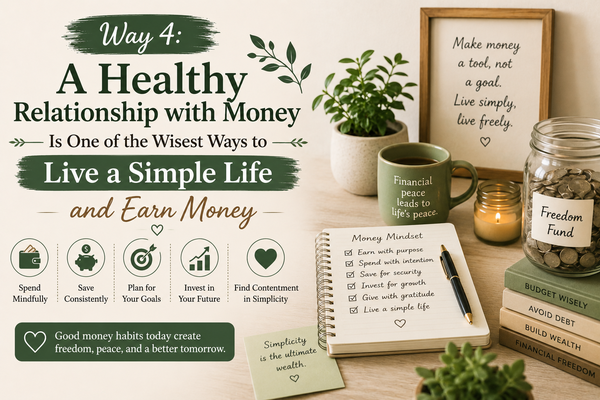 Notebook, savings jar, coffee mug, and money planner representing a healthy relationship with money, simple living, and mindful financial habits.
