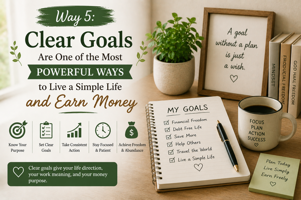 Notebook with written goals, coffee mug, and plants representing clear goals, simple living, personal growth, and earning money with purpose.
