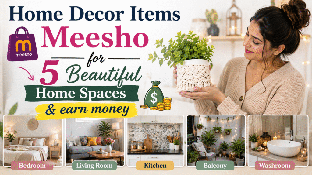 Home decor items Meesho ideas for bedroom, living room, kitchen, balcony, and washroom with earn money opportunities from home