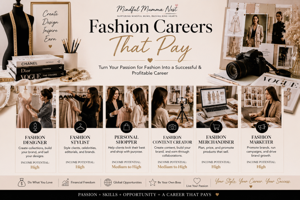Fashion career opportunities including fashion designer, fashion stylist, fashion marketer, merchandiser, and content creator.