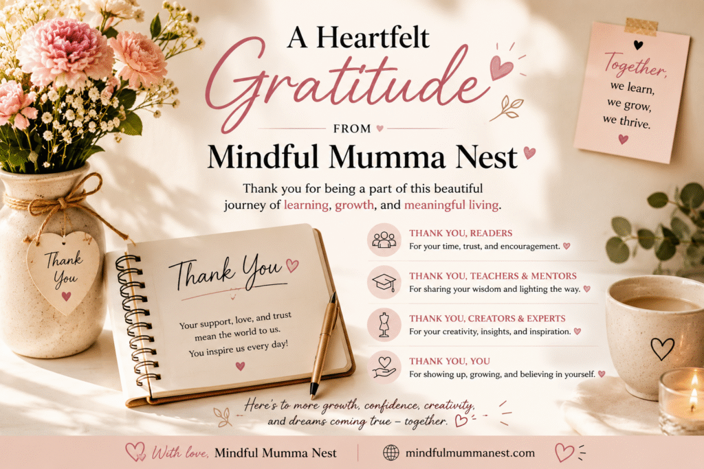 Heartfelt gratitude message from Mindful Mumma Nest thanking readers, creators, teachers, and inspirations.