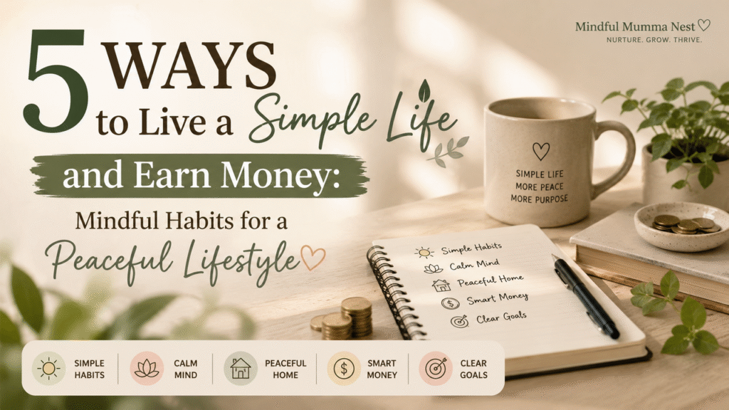 Woman creating a simple and peaceful lifestyle with mindful habits, calm living, organised home, smart money habits, and clear goals.