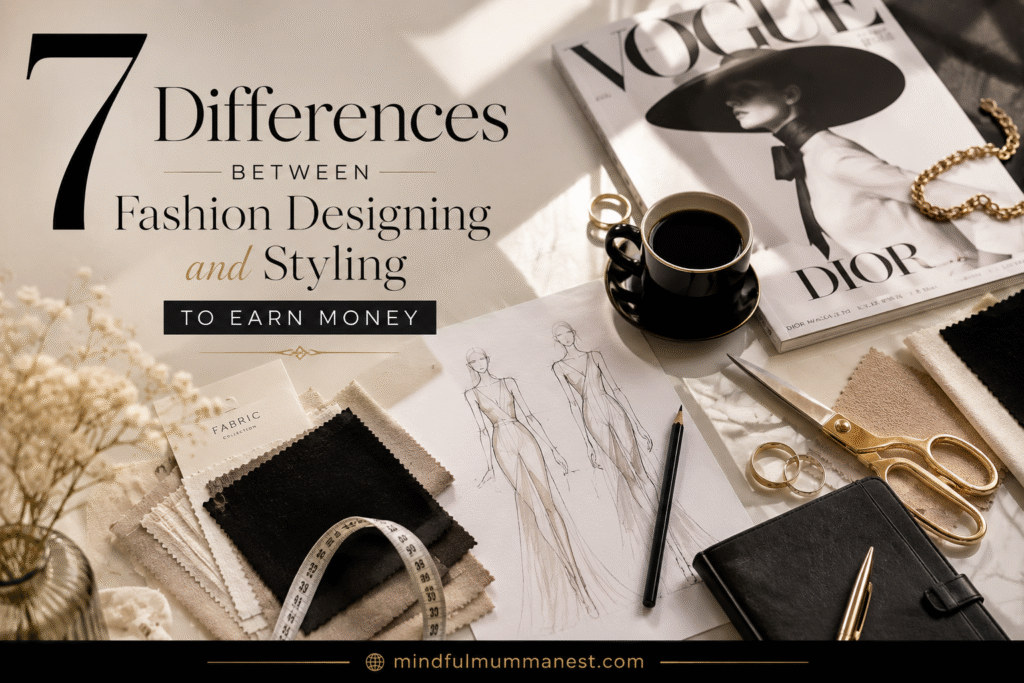 Luxury fashion workspace showing designer sketches, fabric swatches, styling tools, and creative resources explaining the difference between fashion designing and styling to earn money.
