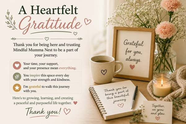 Cozy thank-you scene with flowers, a notebook, candle, and coffee mug representing gratitude, appreciation, and mindful living.
