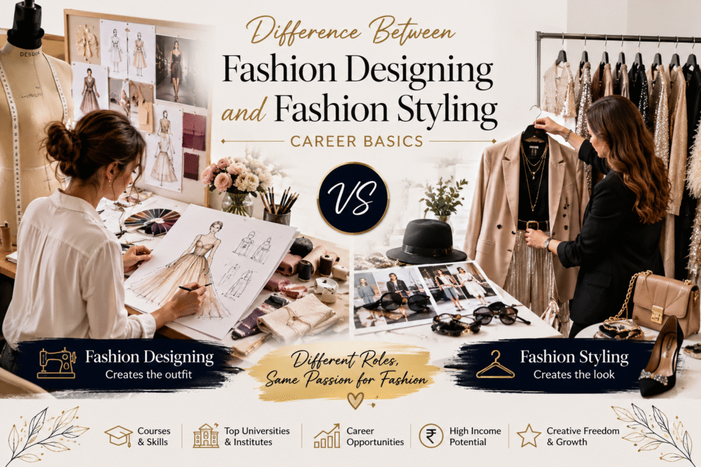 Difference between fashion designing and fashion styling showing designer and stylist career basics in the fashion industry.