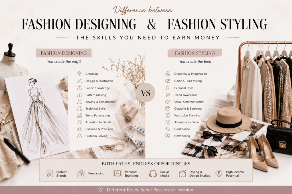Fashion designing and fashion styling skills comparison showing the creative and professional skills needed to earn money in fashion careers.
