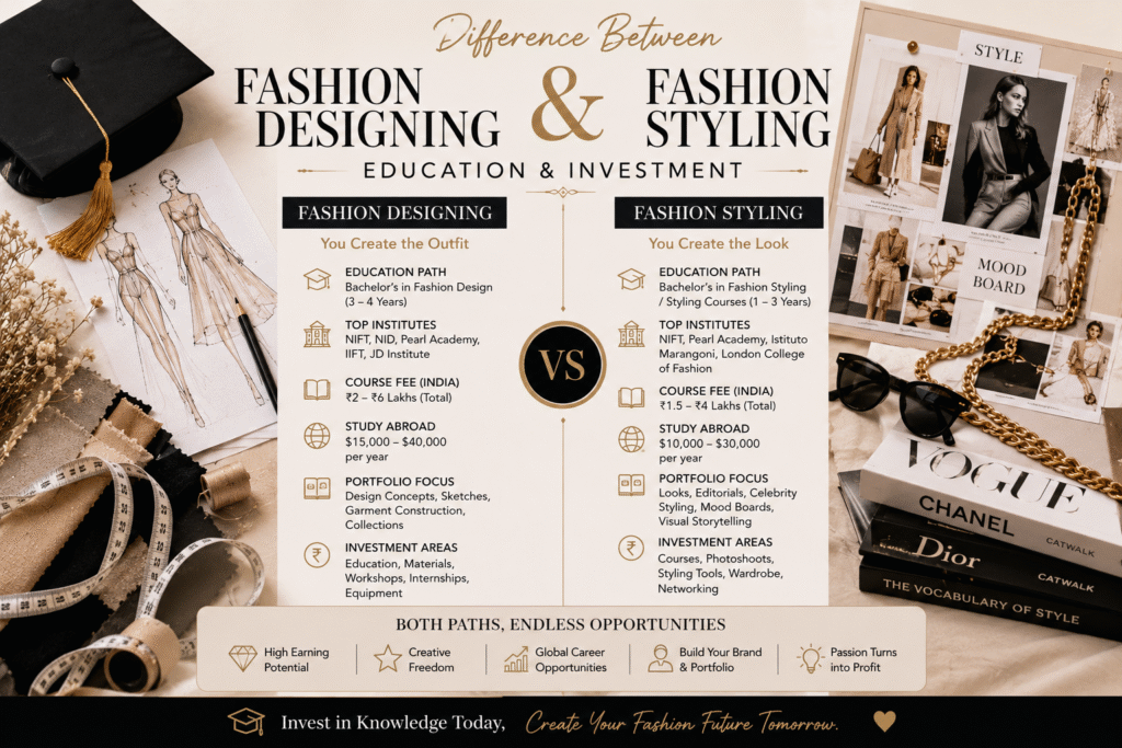 Fashion designing and fashion styling education paths, course fees, universities, and investment guide for aspiring fashion professionals.