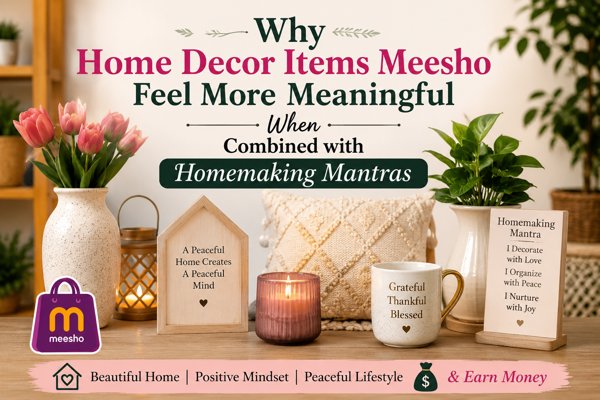Home decor items Meesho styled with homemaking mantras, cosy home décor, indoor plants, candles, and peaceful lifestyle inspiration